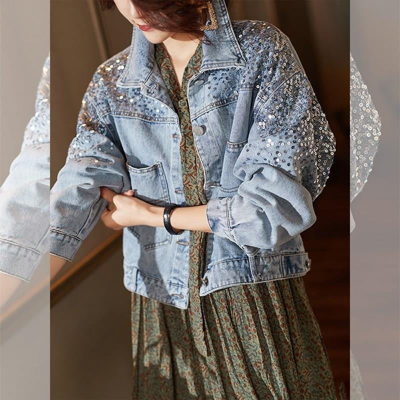 Women's Sequined Light Blue Denim Jacket Loose Fit Slim Cut
