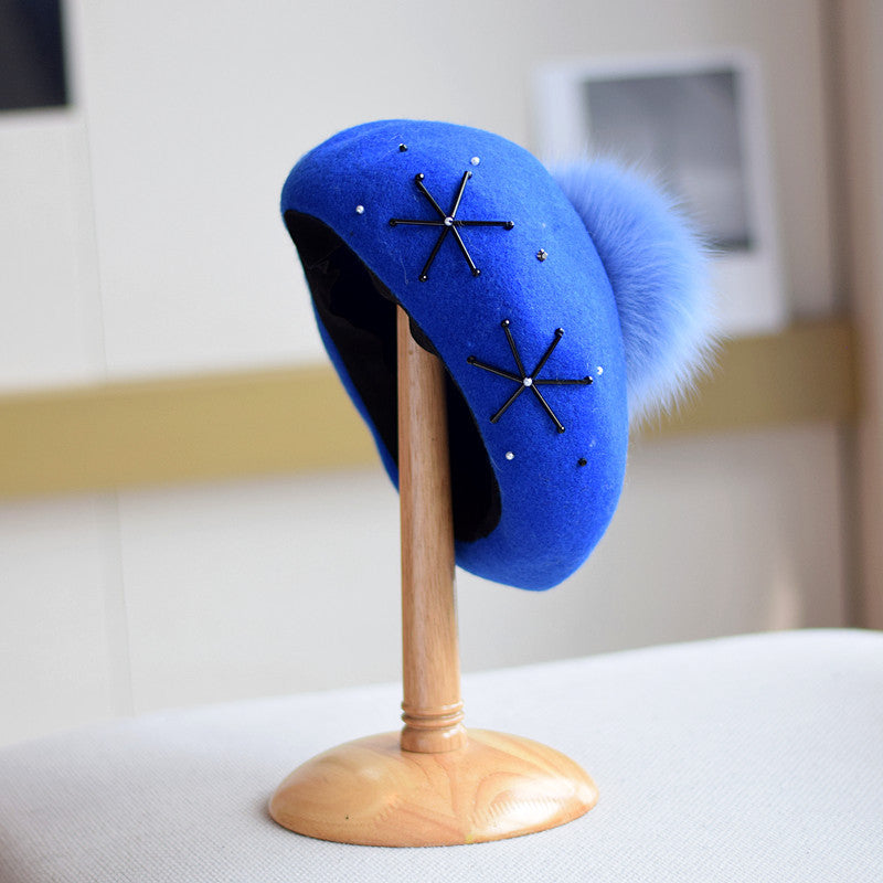 Women's Wool Dome Hat with Fox Fur Ball – Winter Warm M(56-58cm)