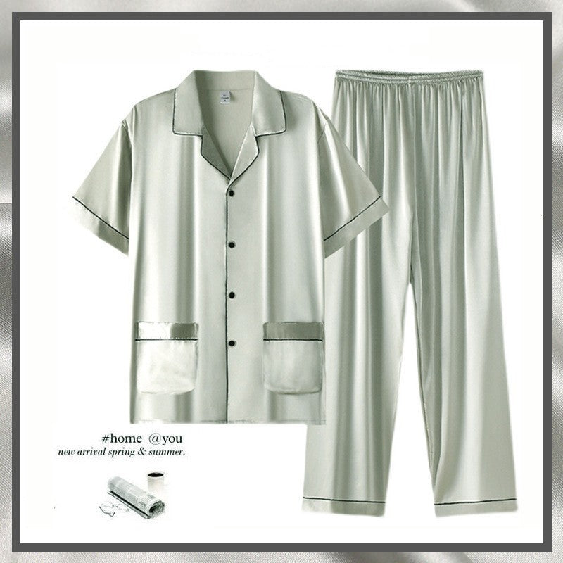 Men's Summer Thin Ice Silk Short Sleeve Homewear Suit with Trousers