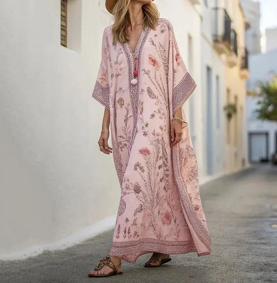 Linen Long Sleeve Arabian Kaftan Maxi Dress Vacation Style