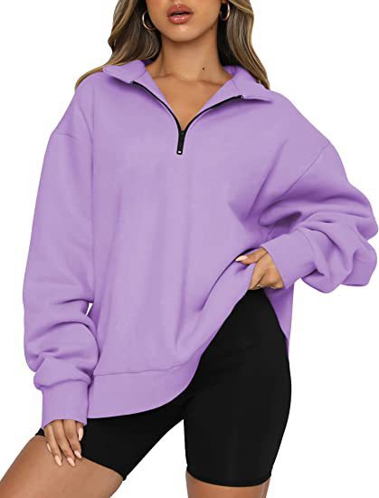 Sweat-shirt zippé femme à col rabattu – Haut pull ample et décontracté