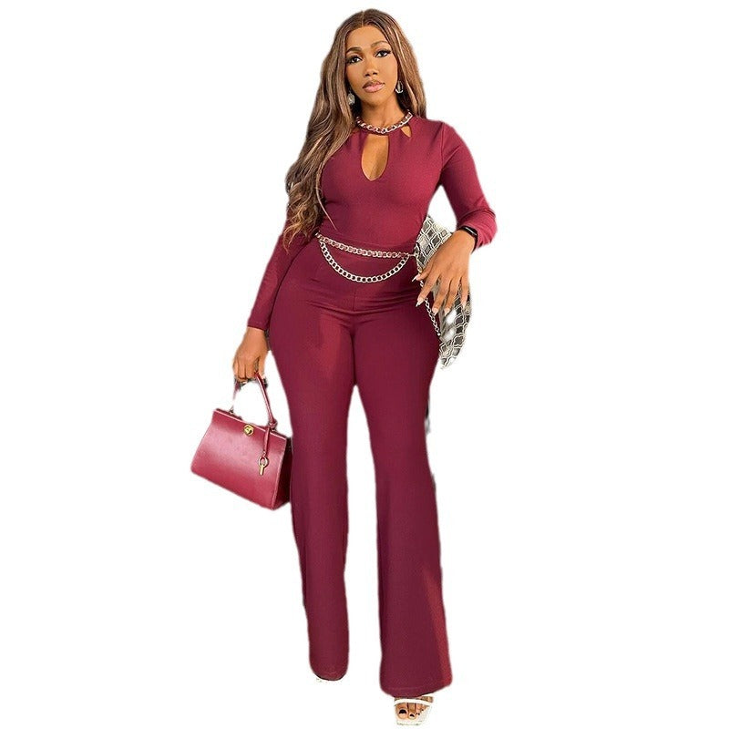 Pantalon évasé taille haute coupe ajustée femme, rouge brique