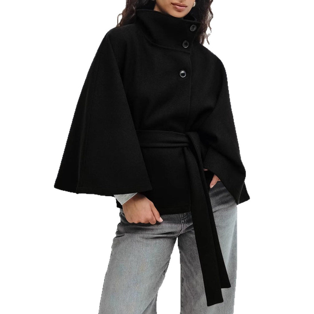 Trench-coat d'hiver pour femme avec ceinture, col montant et boutons, couleur unie