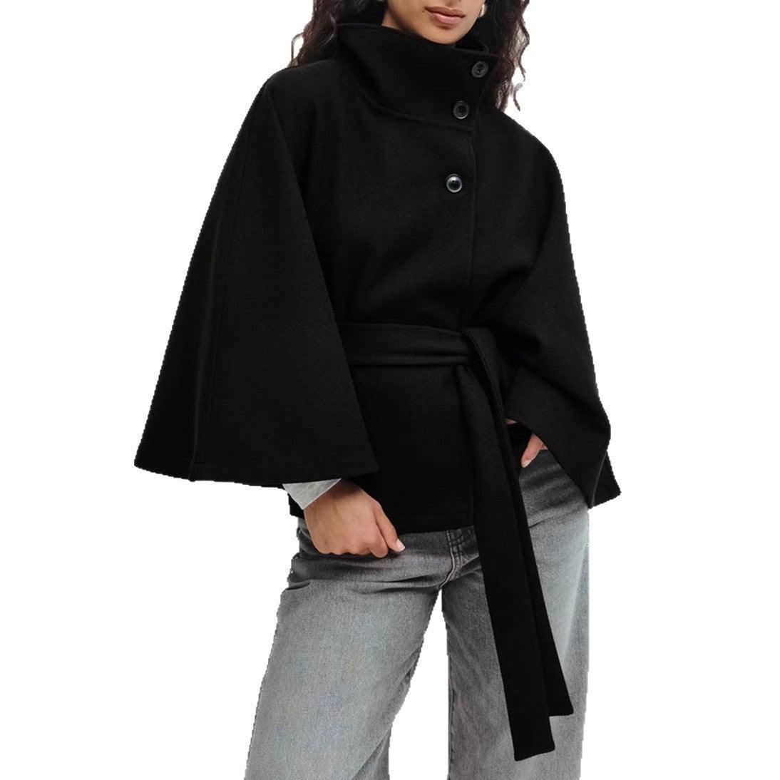 Trench-coat d'hiver pour femme avec ceinture, col montant et boutons, couleur unie