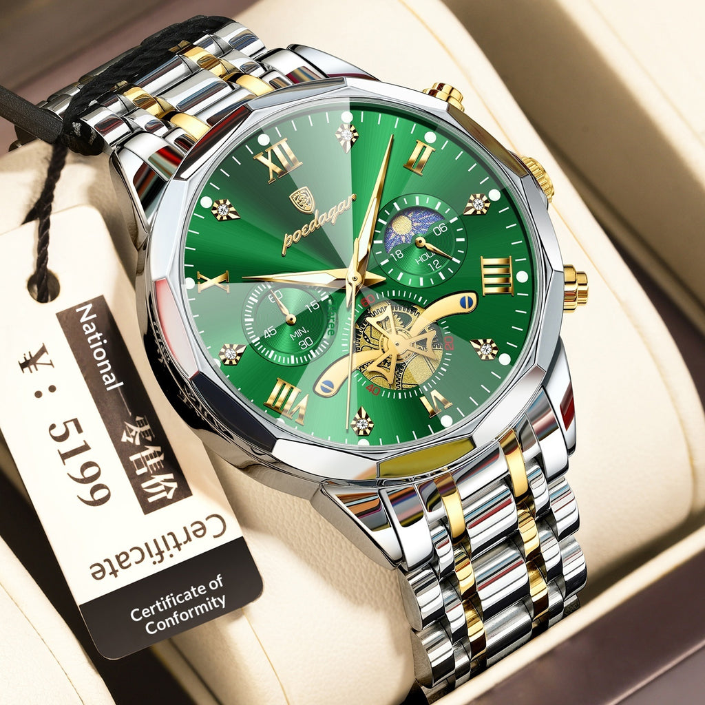 Waterproof Multifunctional Quartz Watch for Men with Stainless Steel Strap