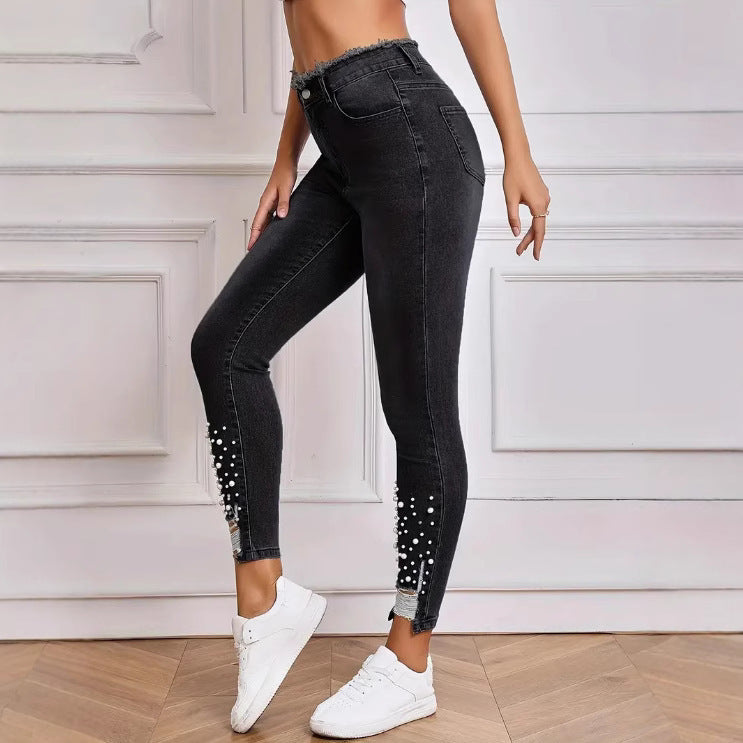 Women's High Waist Stretch Denim Skinny Jeans with Pearl Rips and Tassels