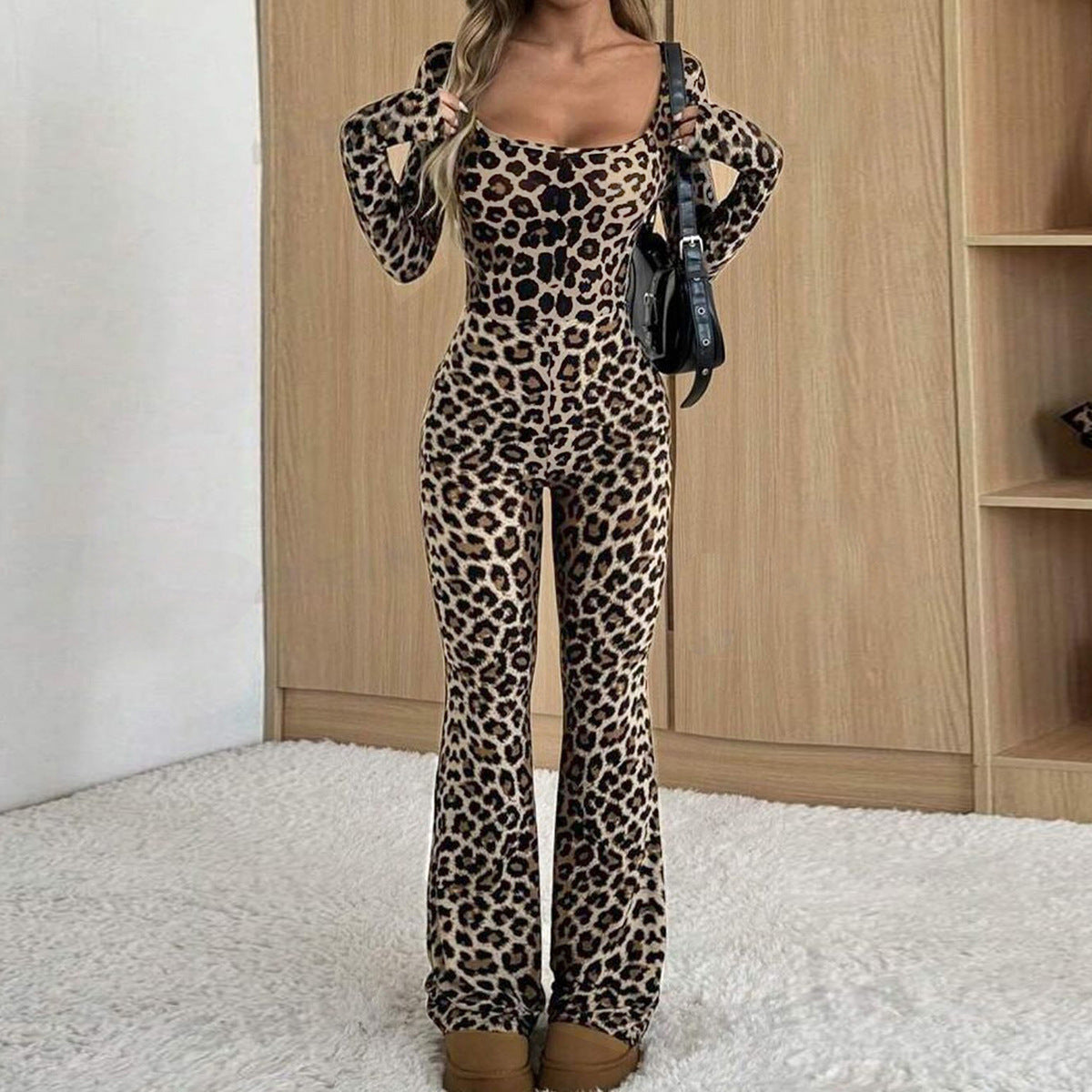 Women's Slim-Fit Leopard Print Square Collar Jumpsuit
