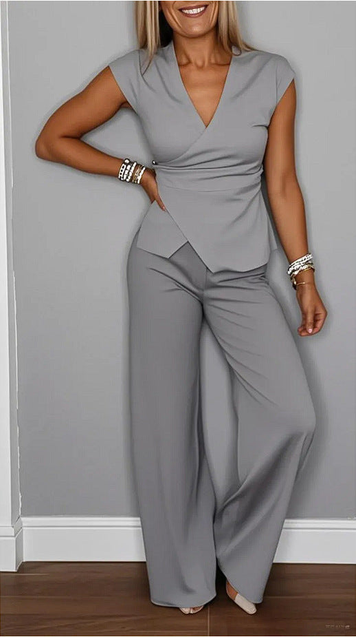 Women's V-Neck Sleeveless Belt Buckle Two-Piece Set Solid Color