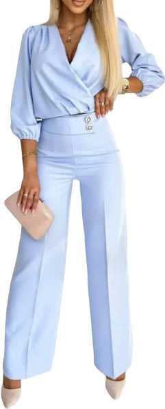 Women's Solid Color And V-neck Two-button 2-piece Trousers Suit