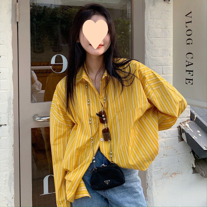 Yellow French Style Design Mid-length Striped Shirt