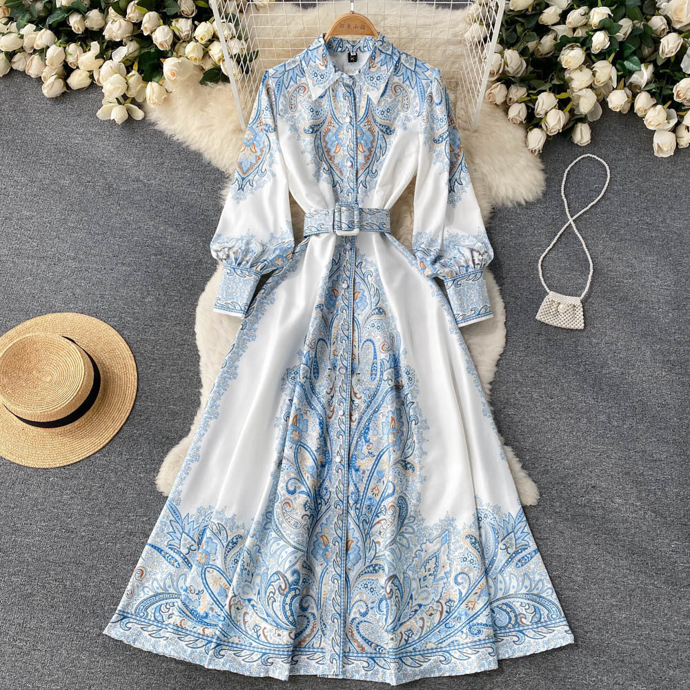 Retro Paisley French Waist Dress for Ramadan Nights in Black, Blue, Khaki