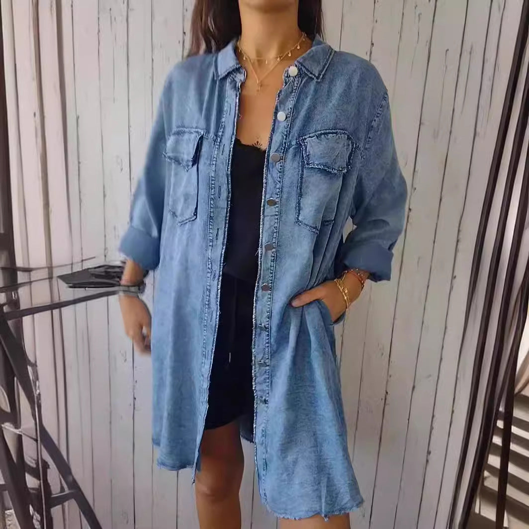 Cotton Linen Color Block Casual Long Shirt Coat