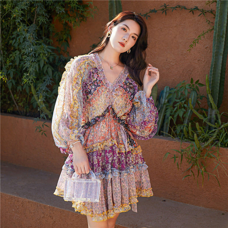Contrasting Print Floral Panel Long Sleeve Nipped Waist Lantern Sleeve Dress