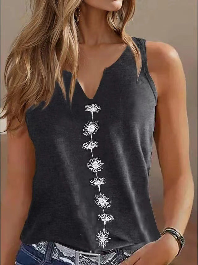 Casual Loose V-Neck Sleeveless S Print T-Shirt for Women