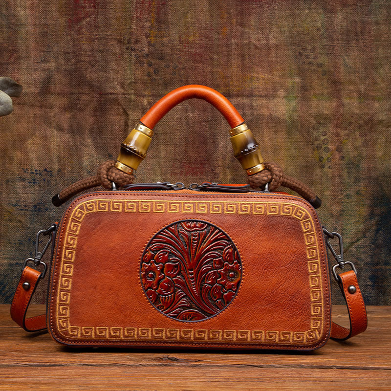 Sac pour femmes en cuir de vachette couche supérieure 25x22.5x10cm Retro Rouge Marron
