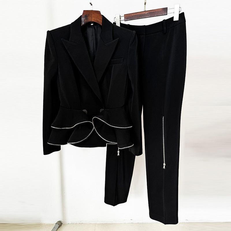 Black Zipper Ruffled Blazer & Skinny Pants Two-Piece Suit
