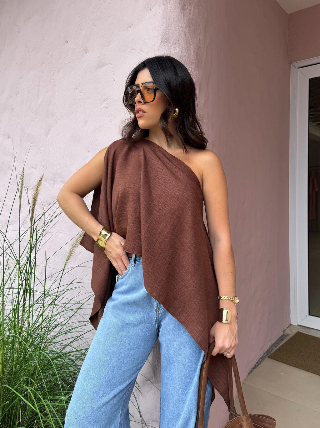 Brown Off Shoulder Loose Fit Crop Top