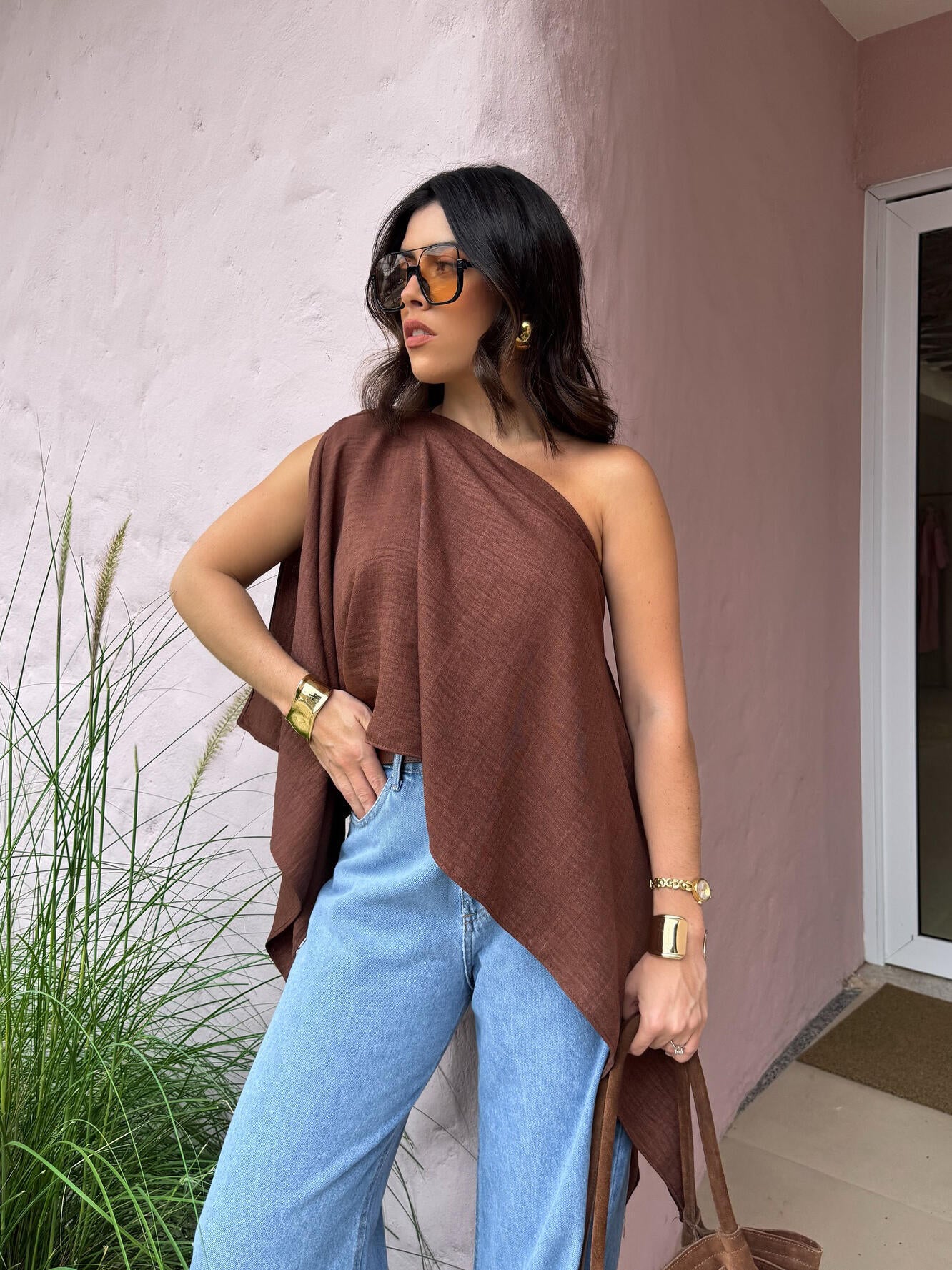 Brown Off Shoulder Loose Fit Crop Top