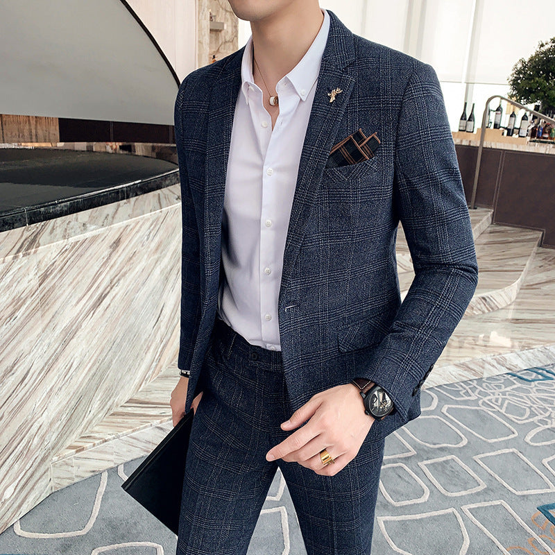 Men's Slim Fit Plaid Two-Piece Business Casual Suit