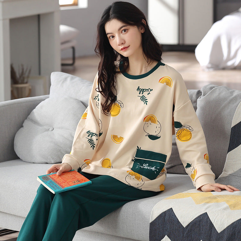 Ensemble de pyjama en coton mélangé imprimé ample pour femme - Haut à manches longues et pantalon - Vêtements de nuit et de détente pour automne et hiver