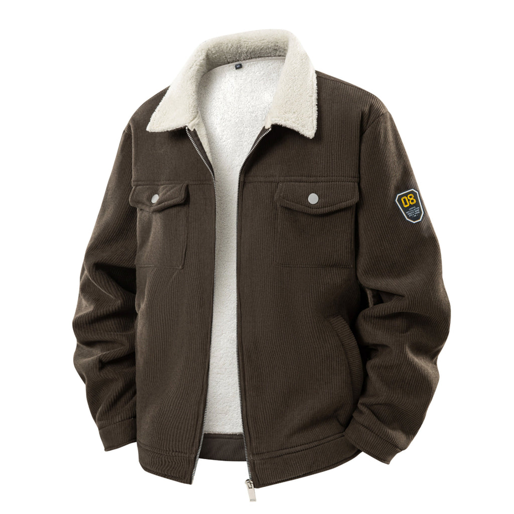 Manteau homme en velours côtelé épais doublé polaire avec revers en agneau, noir, café, kaki