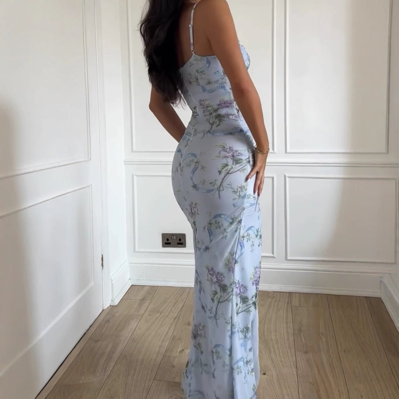 V-Neck Blue Floral High Waist A-Line Dress for Women