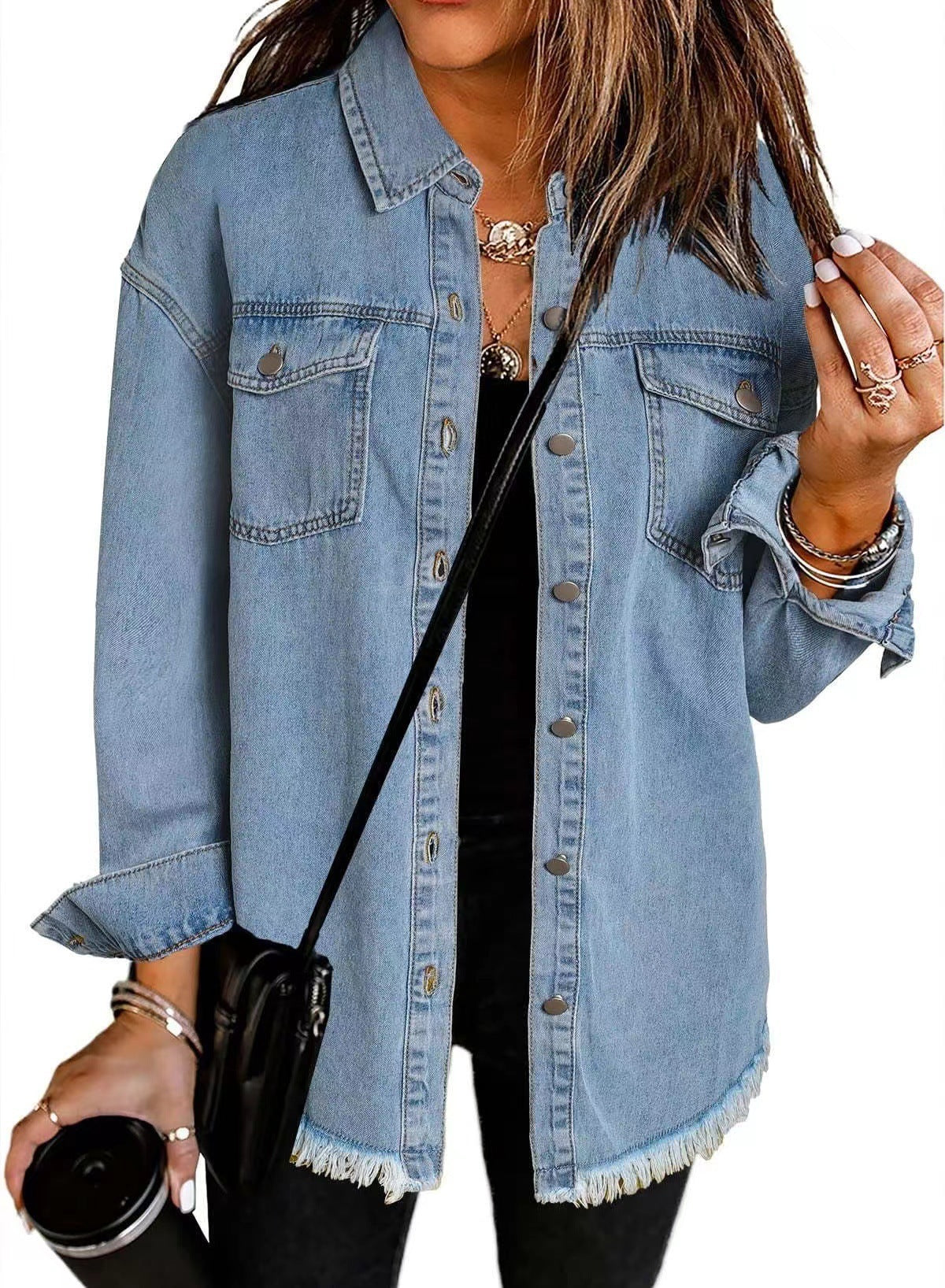 Washed Denim Shirt Women’s Street Style Frayed Hem Coat
