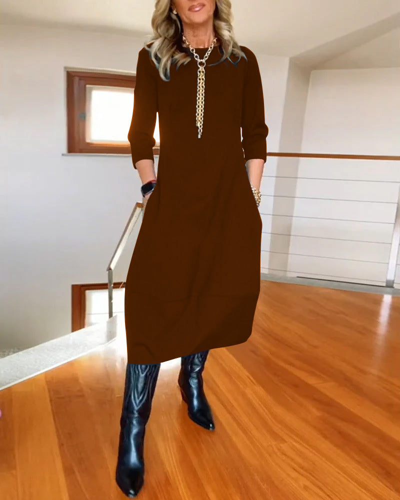 Robe unie ample à col rond et manches longues pour femme – Collection automne-hiver