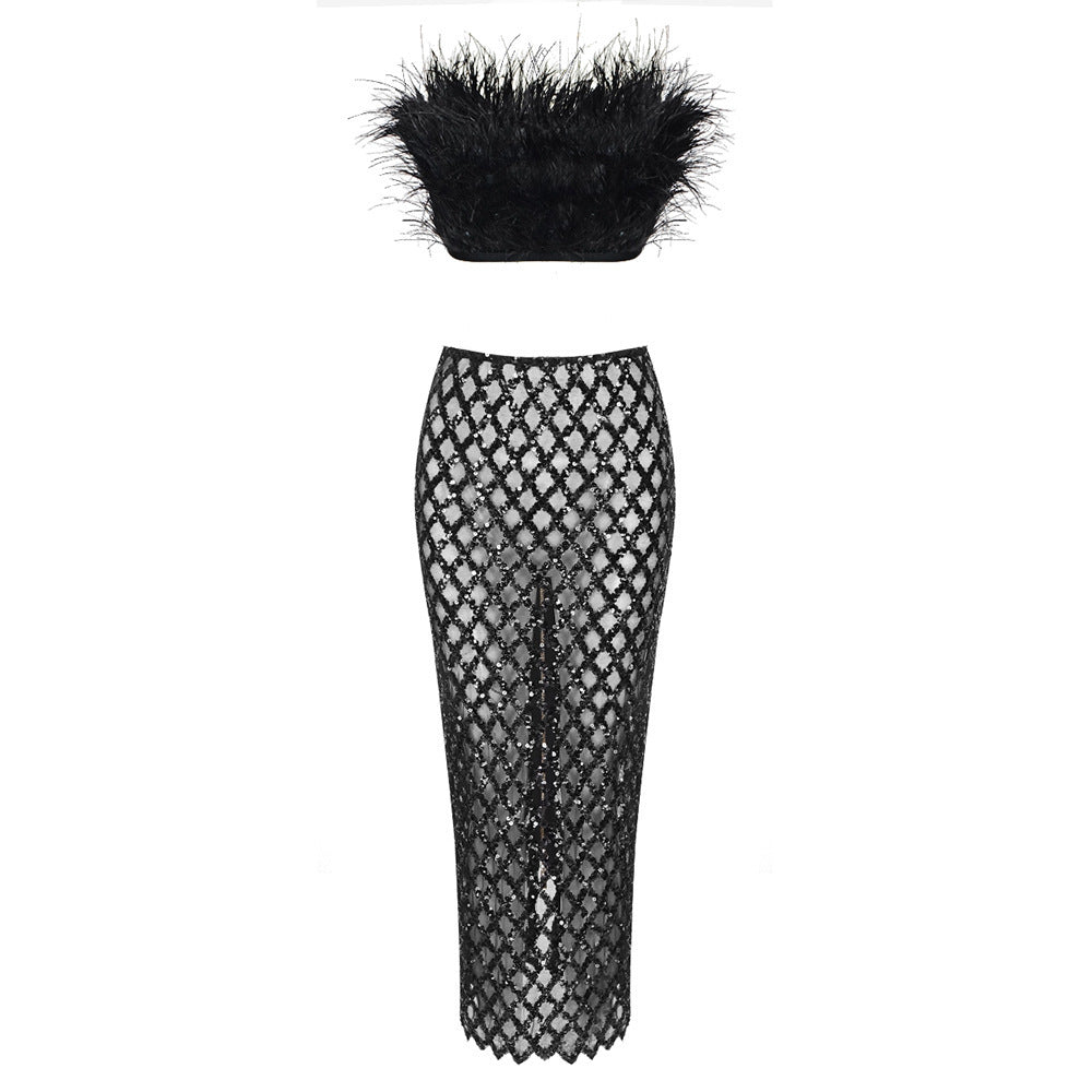Ensemble décontracté en dentelle avec jupe mi-longue pour femme, blanc et noir
