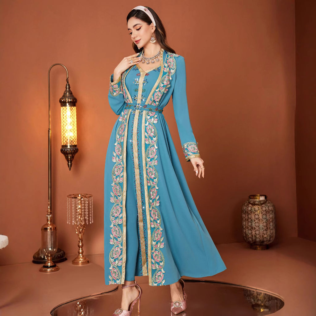 Peacock Blue Lace V-Neck Embroidered Two-Piece Style Belted Dress