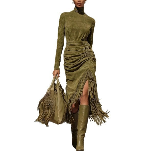 Robe à franges vert olive élégante pour femmes européennes et américaines