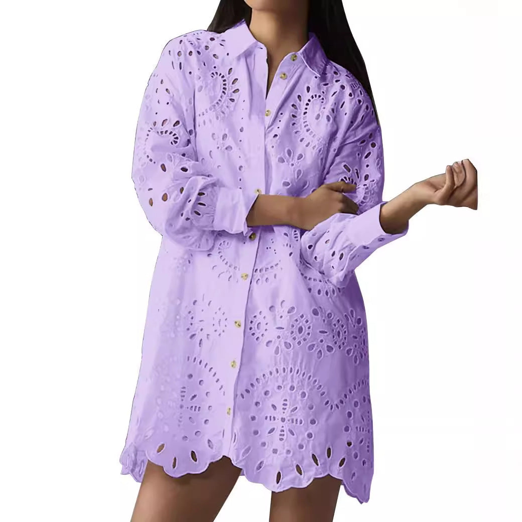 Women's Loose Long-sleeved Casual Hollow Pleated Shirt
