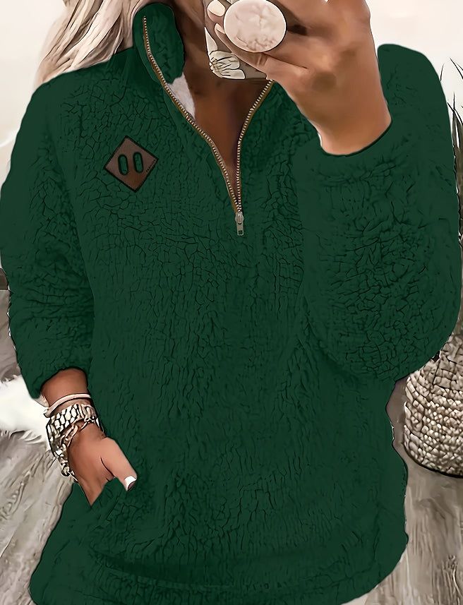 Solid Color Plush Half Zipper Pocket Pullover Sweater Top Women