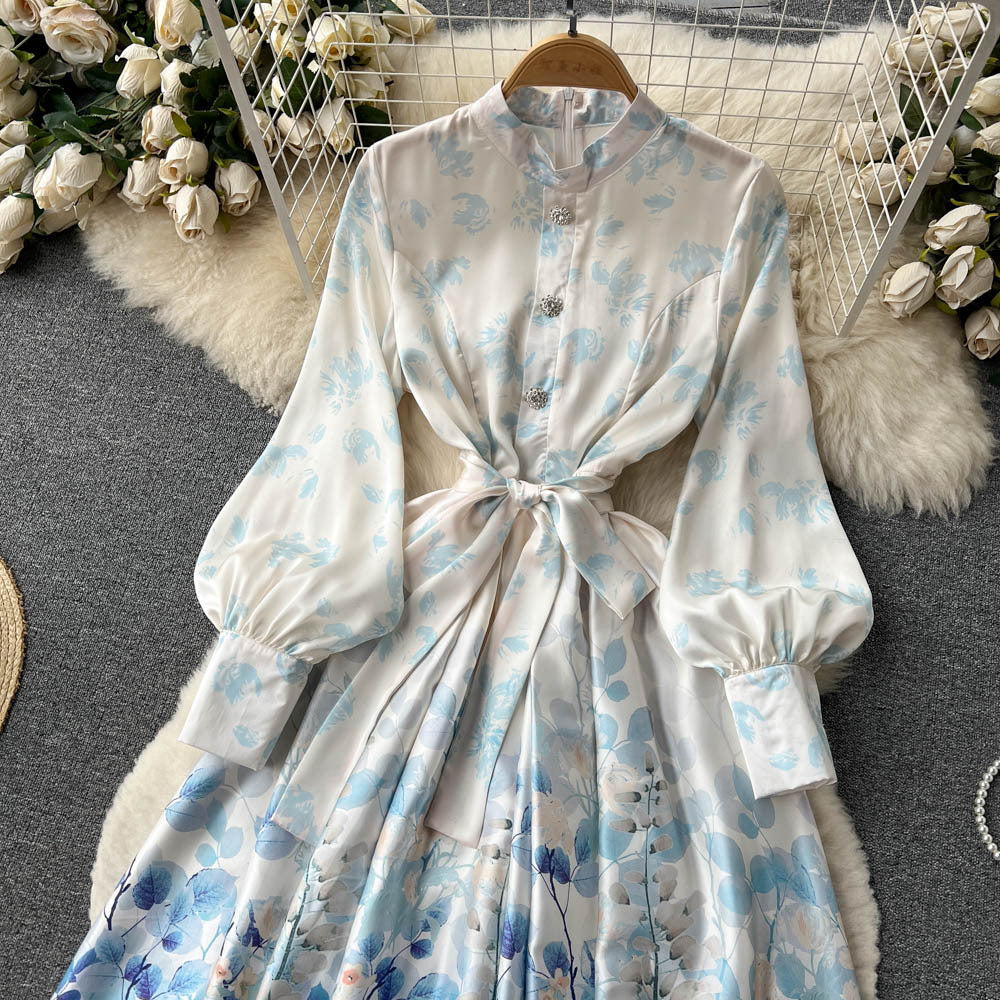Stand Collar Stitching Floral Chiffon Dress