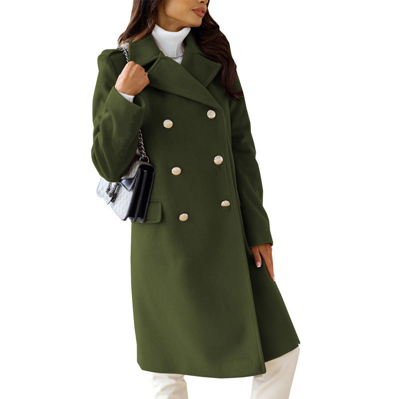 Women's Slim Lapel Double Breasted Long Sleeve Woolen Coat