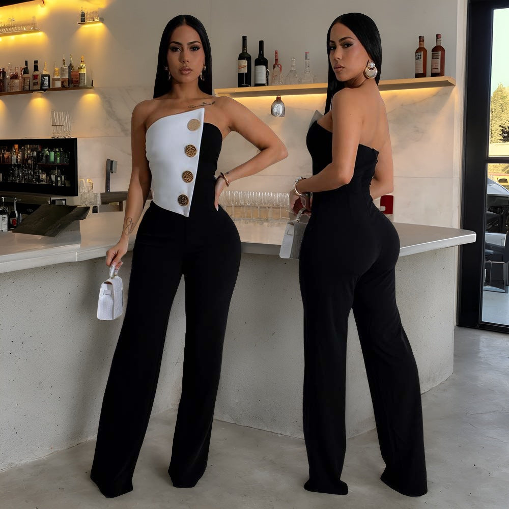 Women's Black and White Sleeveless Button Jumpsuit Mid Waist