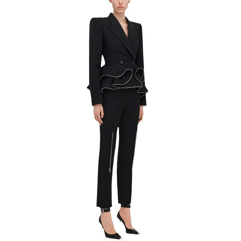Black Zipper Ruffled Blazer & Skinny Pants Two-Piece Suit