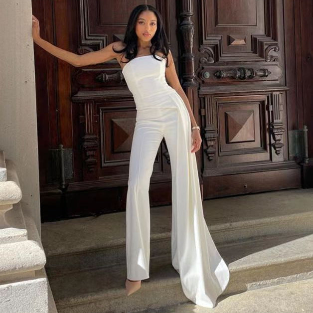 High Waist Straight Jumpsuit in White & Rose Red Polyester