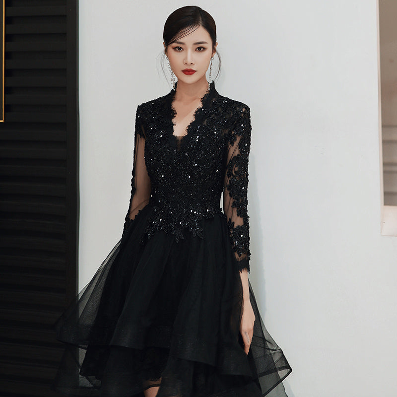 Black Lace V-Neck Evening Dress Long Skirt