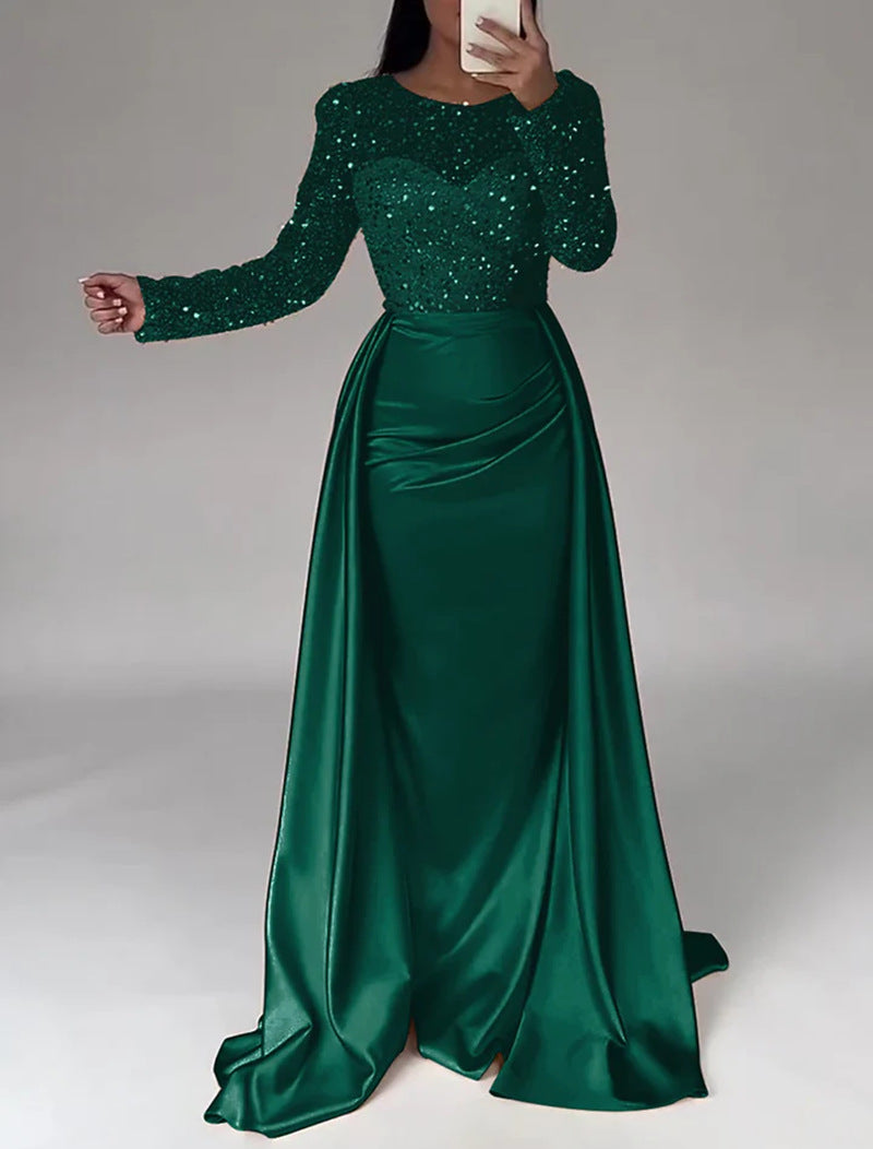 Dazzling Sequin Queen Maxi Evening Gown with Long Sleeves