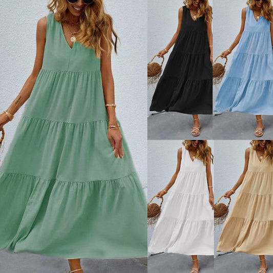 Women's Loose Waist Cotton Sleeveless V-neck Dress