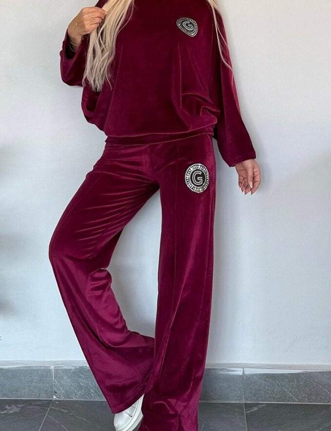 Velvet Solid Color Crew-neck Batwing Sleeve Casual Two-piece Suit
