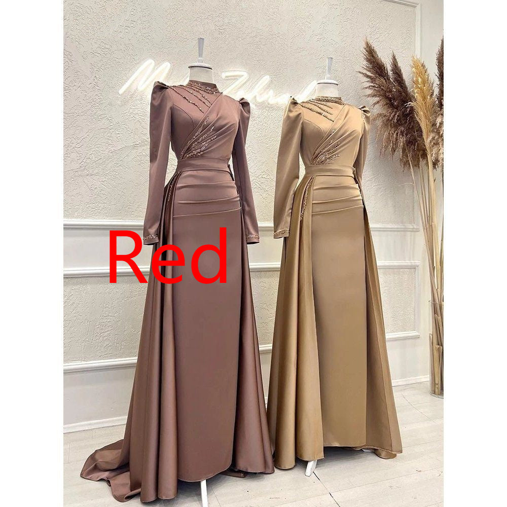 Muslim Stand Collar Detachable Long Sleeve Evening Dress