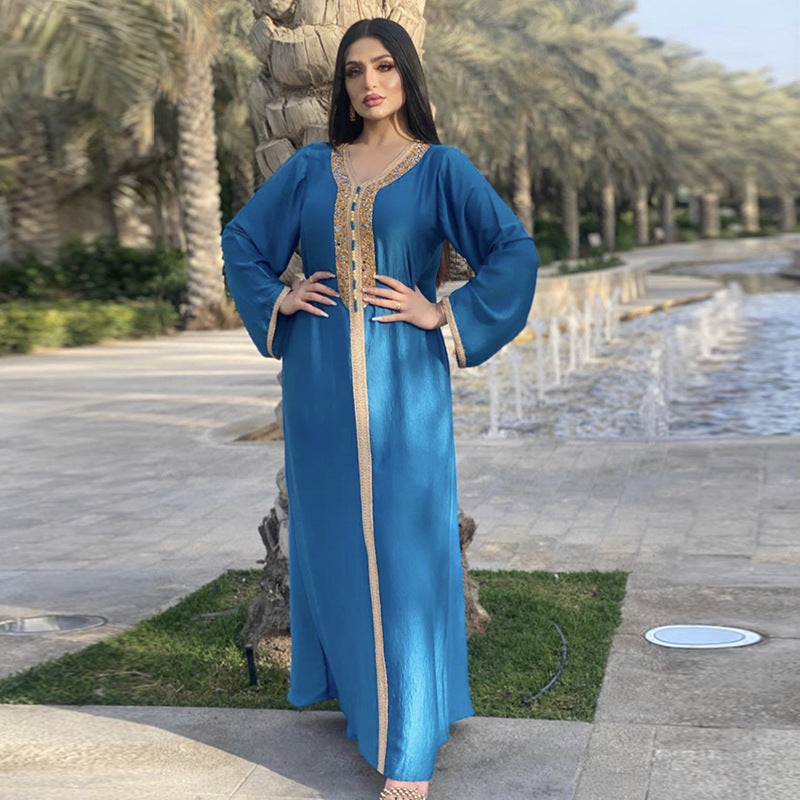فستان دبي مسلم مع دانتيل وشريط ماسي من المخمل الفرنسي