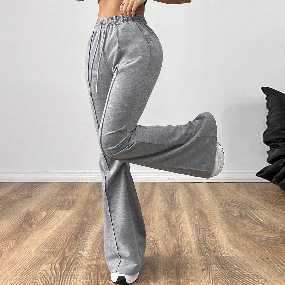 Gray Wide Leg Casual Pants with Elastic Drawstring Waist