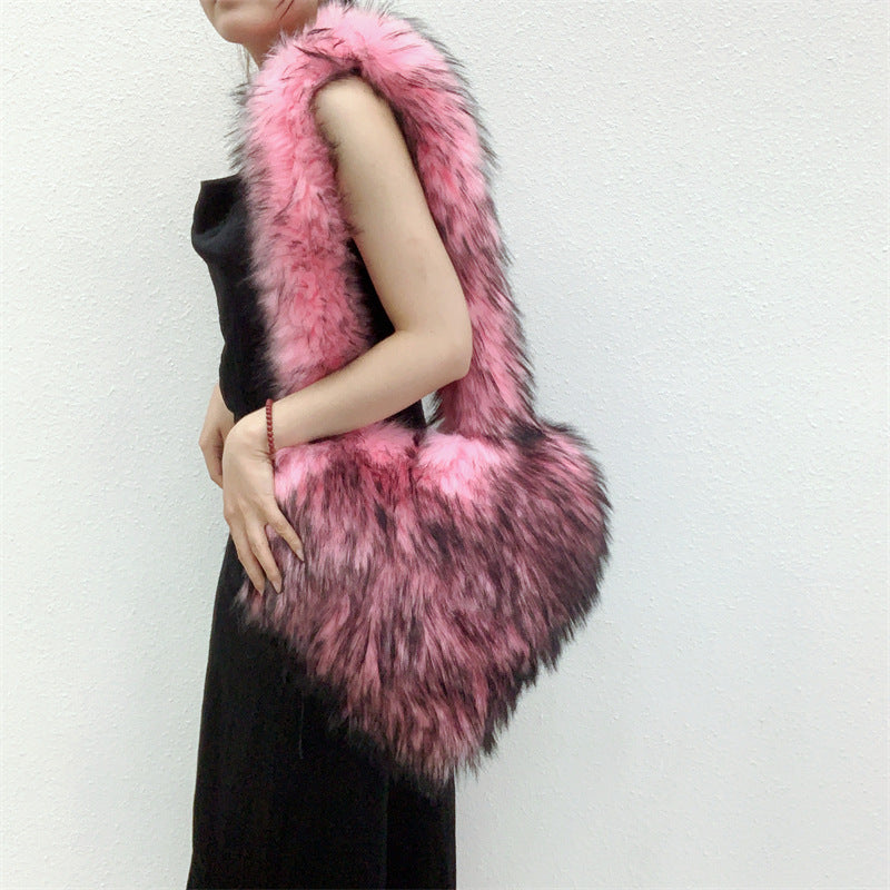Winter Plush Heart Shape Crossbody Shoulder Bag for Women Large Capacity