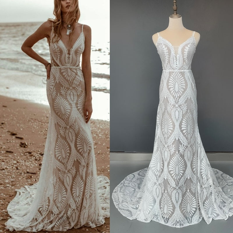 Bohemian V Neck Lace Backless Spaghetti Strap Beach Wedding Dress
