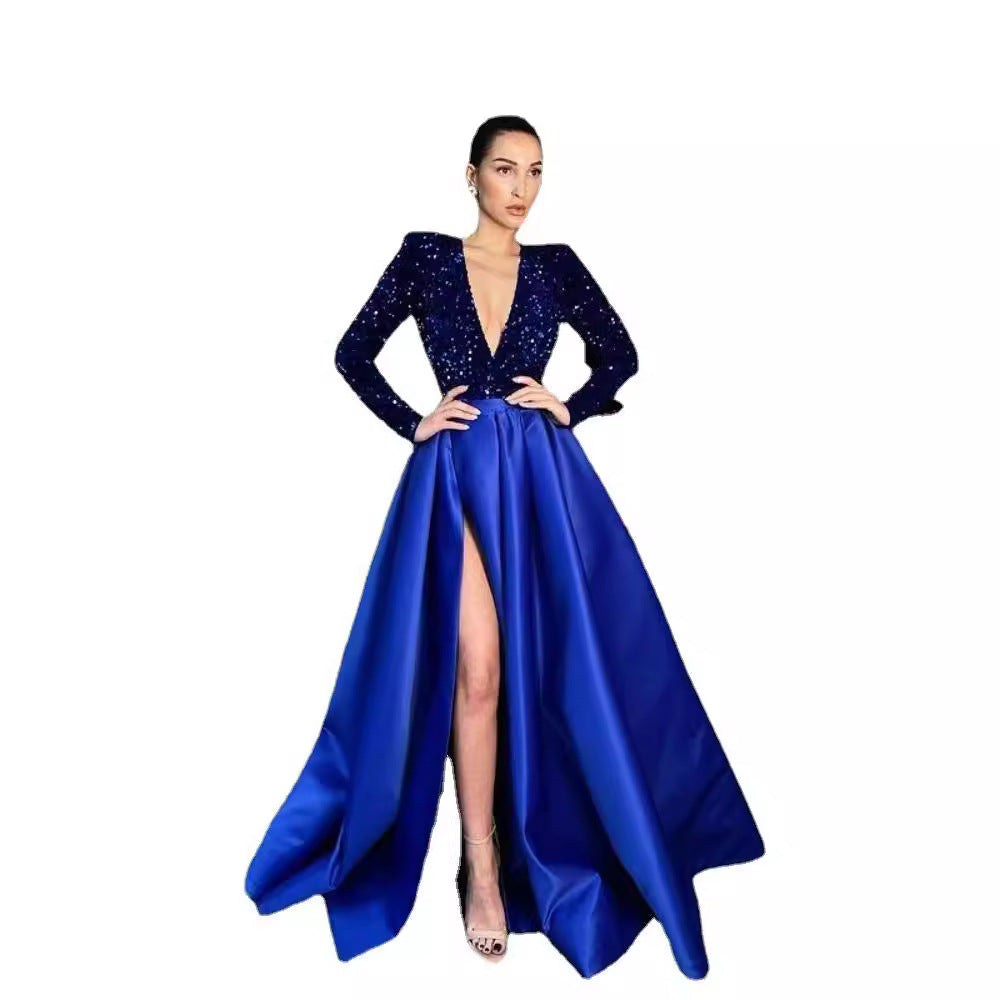 Robe de soirée longue à manches longues et col en V à paillettes pour femme, disponible en plusieurs couleurs