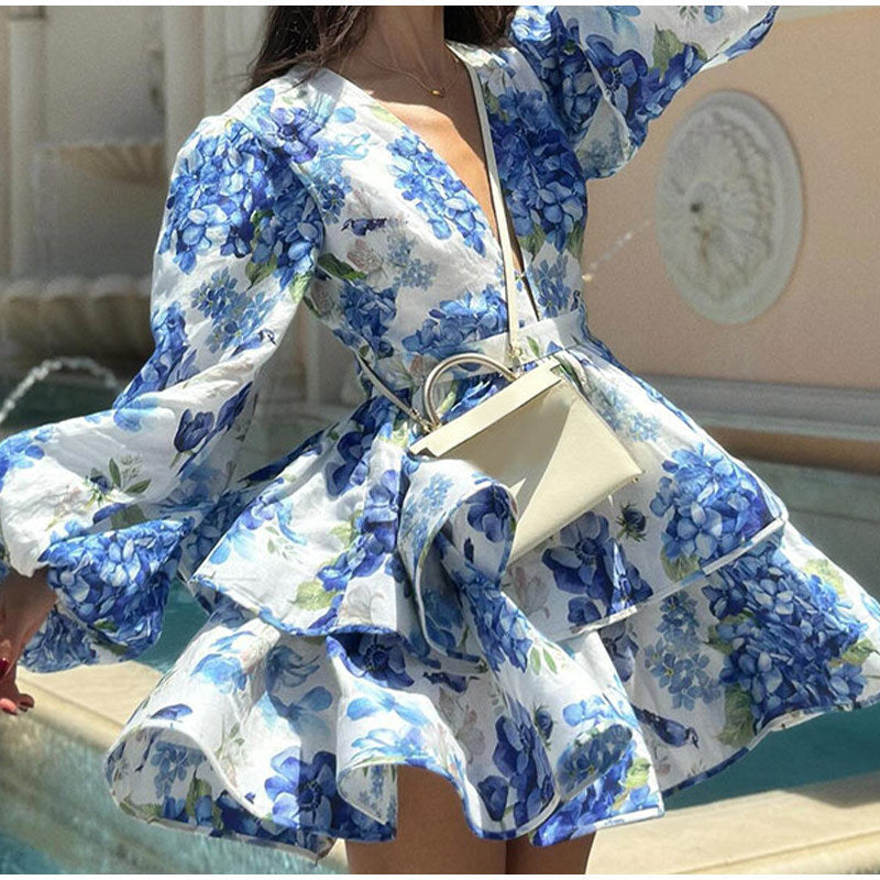 Robe trapèze femme bleue, col V, slim, imprimée, à volants et manches longues, tailles S-L