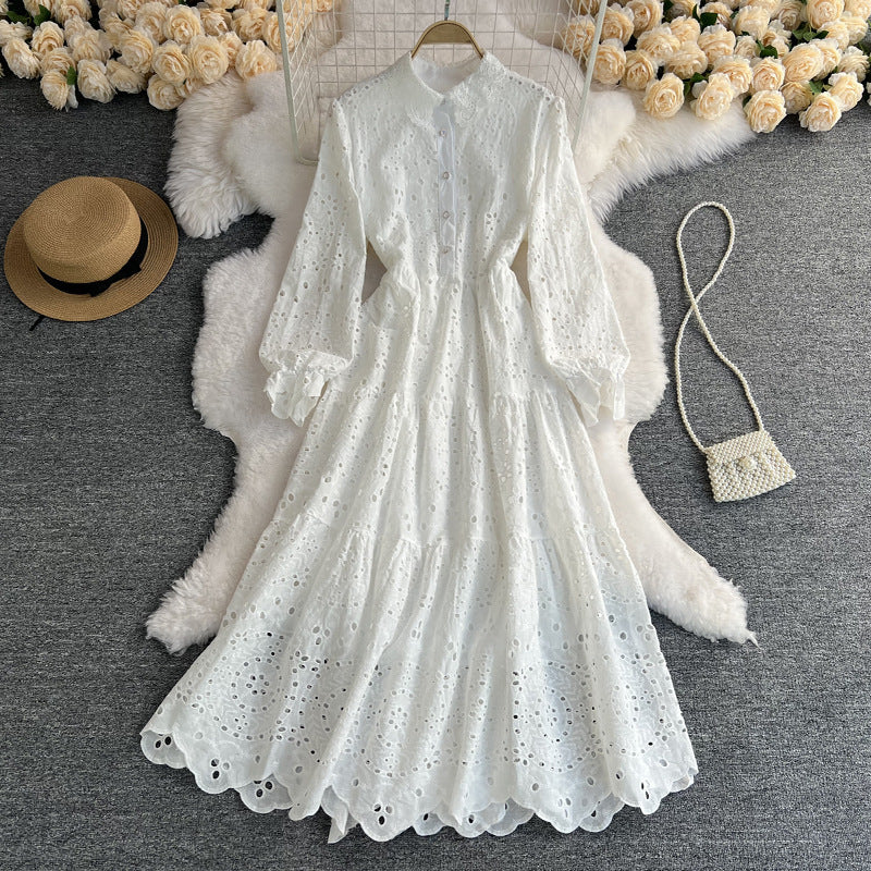 Women's High Waist Cut-Out Lace Dress in White, Khaki, Pink & Yellow